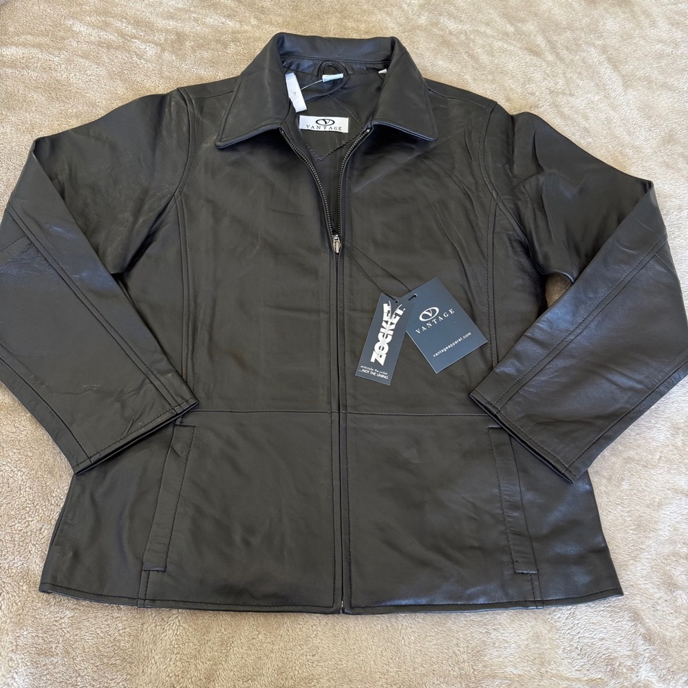 Black Genuine Lamb Leather Jacket with Zip-Up Design and Classic Collar …